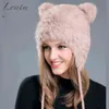 Lovely Bear Ear Skullies Mutsen Echte Rex Konijnenbont Stof Gebreide Hoeden Winter Warme Zachte Effen Caps Sneeuw Dames Hoed 2112236123869