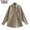 TRAF Women Fashion With Pockets Oversized Corduroy Blouses Vintage Long Sleeve Button-up Female Shirts Chic Overshirt 210415