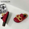 SUOJIALUN New Brand Design Gold Chain Women Slipper Closed Toe Slip On Mules Shoes Round Toe Low Heels Casual Slides Flip Flop