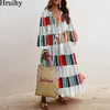 Plus Size Kobiety Ubierz linię Drukuj Moda V Neck Długi Rękaw Sukienka Elegancka Party Plaża Wakacje Luźna Długa Dress Femme X0521