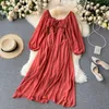 Kobiety Elegancka Szyfonowa Dress Moda Wiosna Jesień Rękaw Puff Ruffles Square Neck Boho Es Panie Plaża 210525