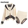 Aachoee mulheres patchwork de malha 2 peça set solto batwing manga longa cardigan camisola alta cintura sexy shorts casuais conjuntos 210413