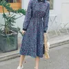 Red Blue Turn Down Collar Long Sleeve Loose Floral Print Button Knee Length Shirt Dress Corduroy Autumn D1436 210514