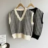 Mulheres Houndstooth solta de malha colete suéter v pescoço sem mangas espessas camisola casual ternos femininos cintura chique tops 17502 211008