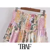 TRAF Women Chic Fashion Floral Print Smocked Shorts Vintage High Elastic Waist With Drawstring Female Short Pants Mujer 210415