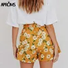 Aproms Sweet White Flower Print Shorts Women Summer Casual Elastic High Waist Shorts Vintage Beach Streetwear Yellow Bottom 210611