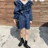 Denim Dress Puff Sleeve Mini Short Summer Ruffled V-Neck Stitching Loose Lace Girls Doll D3025 210514