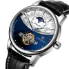 Klassisk Tourbillon Wrap Moon-fas Automatisk självvindande läderremmar Mekaniska klockor Vattentäta Relogio Masculino armbandsur