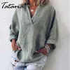 Green Cotton Linen Blouse for Women Long Sleeve V-neck Slim Casual Shirt Womens Tops and Blouses Femininas Elegant Plus Size 210514