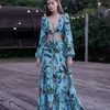 Elegant Floral Print Bikini Cover-ups Sexy Cross Open Back Long Sleeve Summer Dress Women Beach Wear Swim Suit Cover Up A891 210420