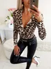 Women's Blouses & Shirts Fashion Womens Clothing Ladies Leopard V Neck Elegant Tops Bodycon Low-cut Long Sleeve Blouse Sexy Autumn But