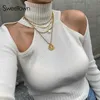 Sweetown Cut Out Sexy Woman Tshirts Y2K Aesthetic Ribbed Knitted 90s Tops Backless Lace Up Turtleneck Long Sleeve Autumn Tees Y0629