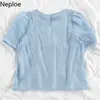 NAPOE 2 Parça Set Katı O Boyun Puf Kolları Tops + Retro Çiçek Baskı V Boyun Kolsuz Camis Elbiseler Yaz Moda Takım Elbise 210423