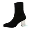 Boots Square Heels Women Sexy Toe Sock Shoes Knit Fabric Pumps Mid Calf Autumn Winter Stretchy Booties 8 Cm