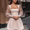 Сексуальные квадратные шеи мини-платья женщины видят сквозь слоеный рукав халат лето фея свадебная вечеринка вечеринка вечерняя одежда Y2K принцесса 210709