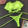 Women's Swimwear Crop Top Sports Bikini 2021 Leopard Women Bathers Hollow Out Brazilian Swimsuit Female Bandage T-shirt Thong