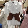 夏のカジュアルな半袖ラペルシャツドレスミニフリル韓国のファッション調節可能なPUレザースカートマッチングセットドレスレトロ210610