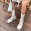 Meotina Buckle Real Leather Platform Flat Mid Calf Stövlar Kvinnor Skor Zip Lace Up Cutouts Motorcykel Stövlar Lady Höst Vit 40 210520