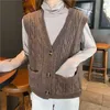 Autumn Spring V-Col V-Couleur Pull Sweater Vest Femme Twist Pocket Cardigan Sans Manches 210531