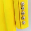 Высококачественные est дизайнер длинные блазер лев кнопки двойной погружной атласный шаль воротник платье флуоресцентный желтый 211222
