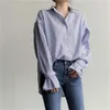 Spring And Summer Petal Sleeve Shirts Loose Medium and Long BF Blue White Striped Bottoming Blouse Women 210615