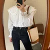 Moda Manga Longa Camisa Branca Mulheres Peter Pan Collar Ruffles Vintage Camisas Casuais Blusa Algodão Blusa 12392 210427