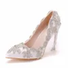 Sparkly Crystals Beaded White Leather Wedding Shoes For Bride Pointed Toe 9CM High Heels Bridal Prom Evening Pumps Stylish Elegant Women Accessories