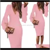 Womens Clothing Apparel Drop Delivery 2021 Sexy V Neck Dresses Short Party Gowns Long Sleeves Knee-Length Robe Cocktail Courte Casual Ruffles