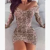 Mulheres outono sexy v pescoço mini vestido casual manga longa leopardo impressão senhora vestido de lápis moda feminina bodycon party club dresses 210412