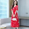 summer The Temperament printing Chiffon Dress V Neck Women's fashion red women clothing 210507