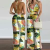 Kvinnor sommar träd lämnar tryckta byxor sida slit off-the-axel v hals spets upp sexig elegant jumpsuit bodysuit 210521