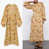 Za Vintage Summer Floral Print Midi Dress Women Long Puff Sleeve Party Dresses Moda Backless Fodera interna Vestidos 210602