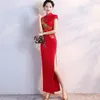 民族服ヴィンテージ中国風チャイナ枚赤のウェディングドレスレディースフォーマルロングガウンQipaoパーティーイブニングレトロな服vestido