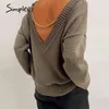 Sexy cadena sólida sin espalda con cuello en V jersey otoño manga larga fuera del hombro suéter mujeres High street pullovers casual 210414