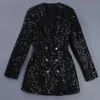 Haute Qualité Designer De Mode Blazer Femmes Double Lion Boutons Col Châle Paillettes Paillettes Longue Piste Noir Blazers 211006