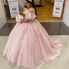 Blush Rosa Vestido de Bola Quinceanera Vestidos V Pescoço Off Off Off Off Off Ombro 2022 Laço Frisado Appliques Meninas Doce 15 16 Anos Brithday Party Wasses Plus Size Ocasião Especial Vestido