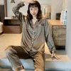 Silk Couple's Pajamas Set Long Sleeve Soft Solid Shiny Pajama Women Oversized Mens Sleepwear Nightgown Spring Home Clothing 210524