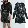 DRES Spring Autumn Fashion Round Neck High Waist Sashes Långärmad Jacquard Loose Temperament 210628