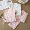 春と夏の純粋な綿の糸の着物のパジャマのVネック印刷プラスサイズのピジャマムヤーラウンジウェア女性2ピーススリーウェア210708