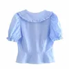 Kvinnors Blusar Sommar Toppar Smycken Knapp Ruffles Puff Sleeve Kvinnlig skjorta Blus Casual Fashion Chic Camisas Mujer Blusas 2021