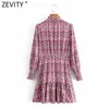 Zeefity Dames Sweet Agaric Kant Floral Print Casual A Line Jurk Femme Plooien Lange Mouw Boog Gebonden Chique Party Vestido DS4872 210603