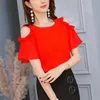 Elegant Off Shoulder Chiffon Shirt Ruches Flare Sleeve White Black Red Women Blouse Summer Womens Tops en Blouses Koreaanse stijl 210507