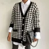 V nacke kvinnor knapp svart houndstooth cardigan långärmad tröja höst vinter stickad lös överdimensionell jumper casual 210514