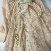 Geflochtener Gürtel, hohe Taille, Damenkleid, ausgehöhlte Stickerei, lange Ärmel, Aprikosen-Vintage-Maxi-Herbst 210603