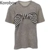 Korobov Koreanische Vintage O Neck Gestreiften Frauen T Shirts Sommer Neue Bogen Patchwork Kurzarm T Shirt Adrette T Tops 210430
