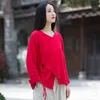 Johnature Mulheres Bordado Vintage Camisas e Tops V-Decote Longa Luva Blusas Verão Algodão Linho Chinês Camisas 210521