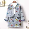 Large Size Embroidery Epaulet Denim Jacket Coat + Mini Jean Skirt Outfits Fashion Women Suit Office Two Piece Set S-5XL 211106