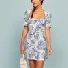 Foridol Summer Vintage Dressエレガントなミニドレスビーチ女性短い背中のドレスブルーフラワーBoho Vestidos 210415