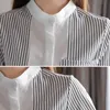Kore Kadın Gömlek Kadın Şifon Bluzlar Uzun Kollu Çizgili Bluz Tops Artı Boyutu Bayanlar Cep Beyaz Gömlek 210531