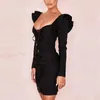 Casual Dresses Seamyla Black Long Sleeve Ruffle Lace Up Dress Women V Neck Celebrity Evening Party BodyCon Sexy 2022 Vestidos Club Mini